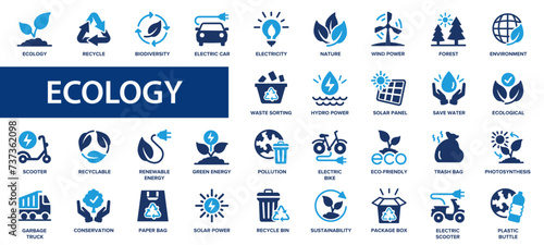 Ecology flat icons set. Recycle, eco, solar power, wind power, nature, electric car icons and more signs. Flat icon collection. photo