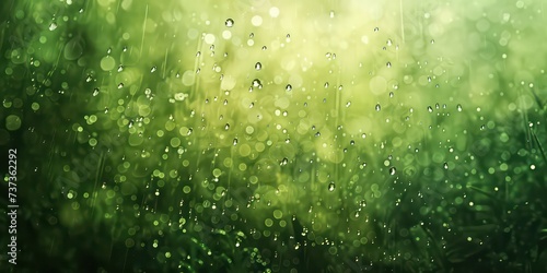 Soft patter of rain on a vivid soft green glass, blending tranquility with the vibrancy of color.