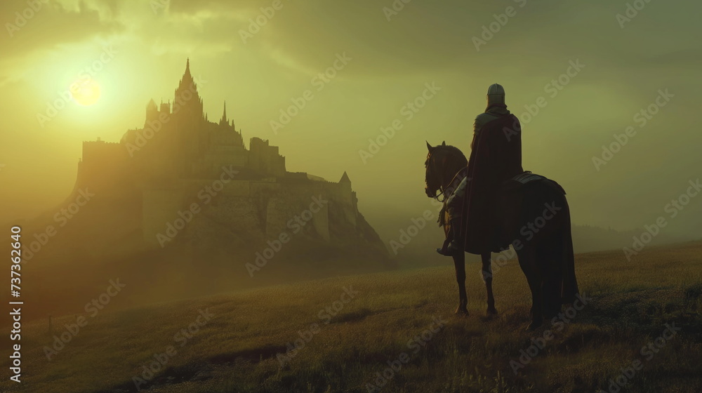 Medieval knight on horseback rides to the castle, morning landscape