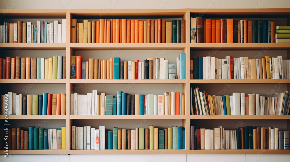 Shelves on the wall with lots of colorful books on them. Shelves on the wall with lots of colorful books on them.