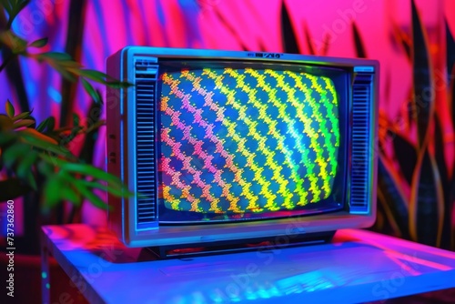television on brightly colored in dots on optical zigzags, 1980s, Bright neon colors, hot pink, electric blue, polka dot pattern in retro pop art style.