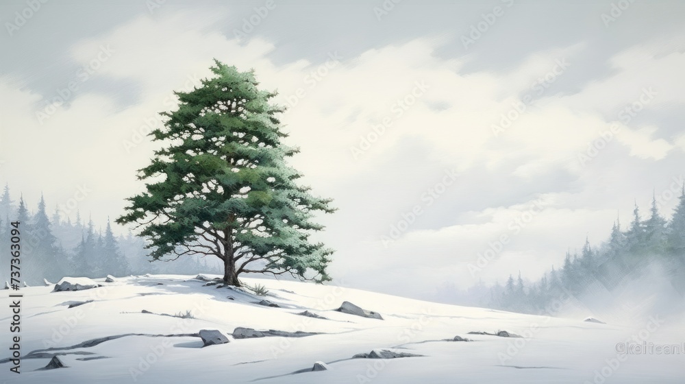 a painting of a snowy landscape with a lone tree foreground and a cloudy sky background. a painting of a snowy landscape with a lone tree foreground and a cloudy sky background.