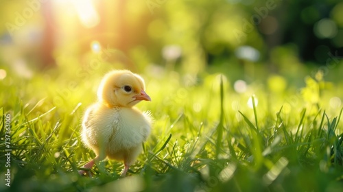 A small yellow newborn chick on a green grass bright background, banner with copy space