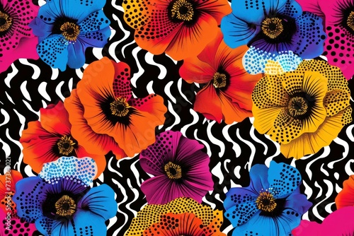 Poppy pattern brightly colored in dots on optical black and white zigzags. polka dot pattern in retro pop art style.