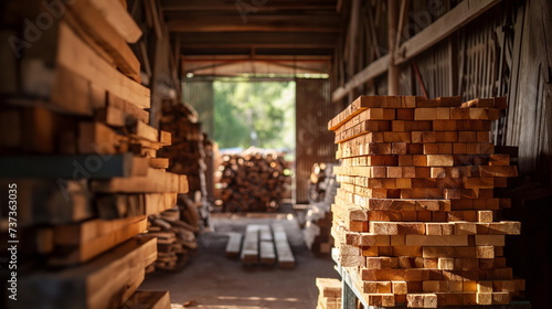Individual stacking freshly cut wood planks in a storage shed. Sawmill production of boards from wood, drying of boards