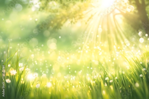 Soft defocused spring background with a sunburst and bokeh over lush green grass