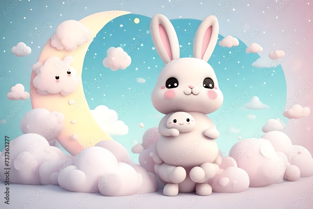Adorable 3D kawaii bunny under a pastel moon with fluffy clouds