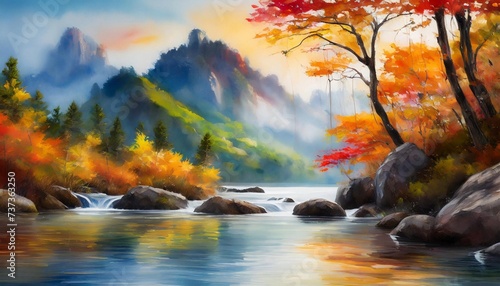 Painting of mountains  river  green and orange trees. Beautiful natural landscape.