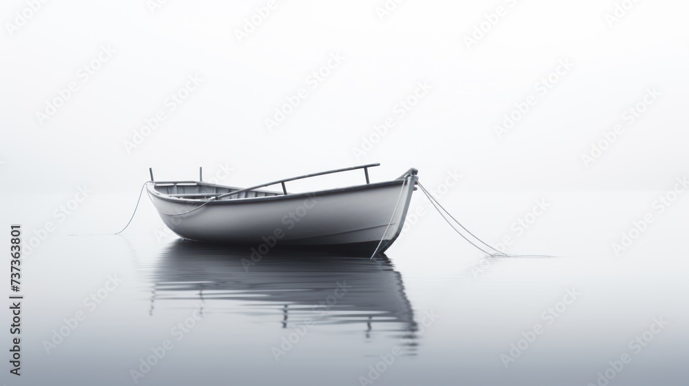 a boat floating on top of a body of water on a foggy day in the middle of the ocean.