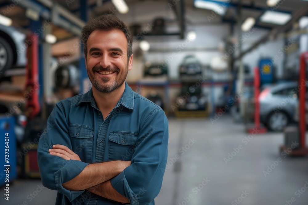 Smiling portrait of a male car mechanic at a car service station Smiling portrait of a male car mechanic at a car service station