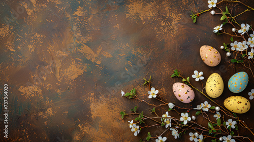 easter eggs and blossoms on brown background with copy space area 