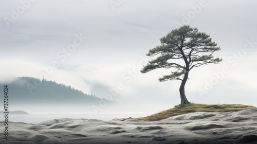 a lone tree on a small island middle of a body of water with a mountain background.
