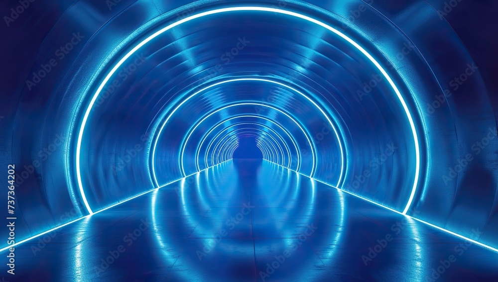 Blue neon tunnel with circular light at the end. The concept of travel and infinity. Blue neon tunnel with circular light at the end. The concept of travel and infinity.