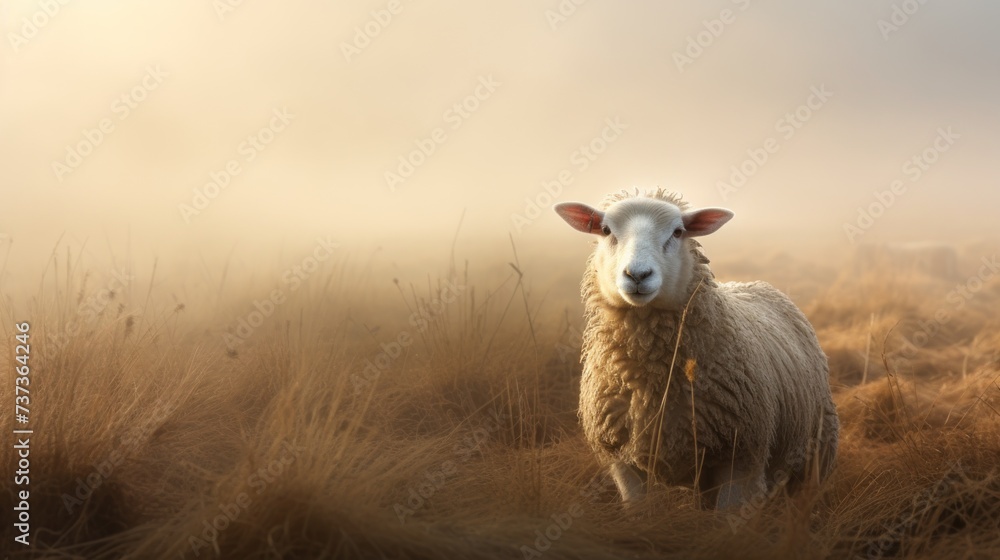 Fototapeta premium a sheep standing middle of a field of tall grass with a foggy sky back ground.