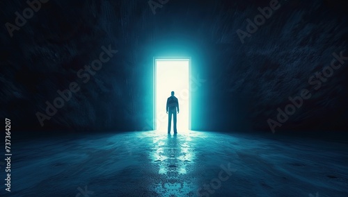 Silhouette of a person standing in a bright doorway in a dark room. The concept of choice and the future.