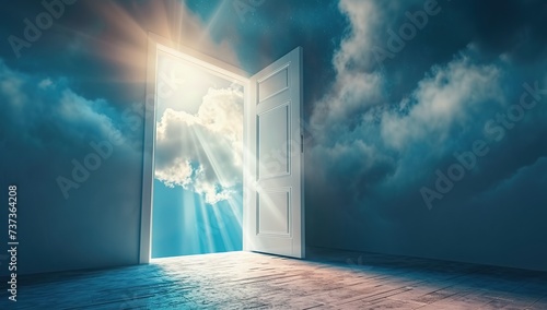 Open door to a room revealing sky and clouds. The concept of hope and new opportunities.