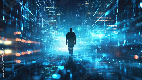 Figure of a person walking in a digital corridor. The concept of virtual reality and digitalization.