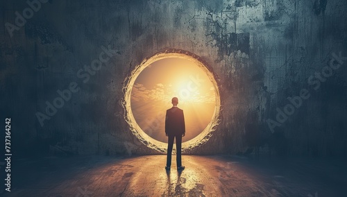 Person standing in front of a circular light portal against concrete walls. The concept of transition and new opportunities photo