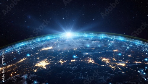 Earth from space with a global connection network and sunrise. The concept of globalization and network technology.