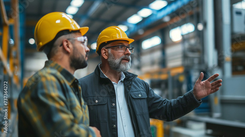 Engineer consulting with the foreman in a modern industrial factory, discussing new production projects or investments. Team management in a manufacturing facility photo