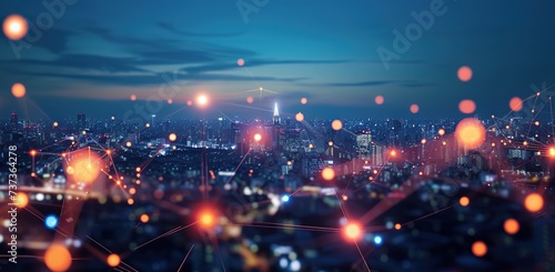 Night cityscape with illuminated connected points. The concept of networking and urban development. photo