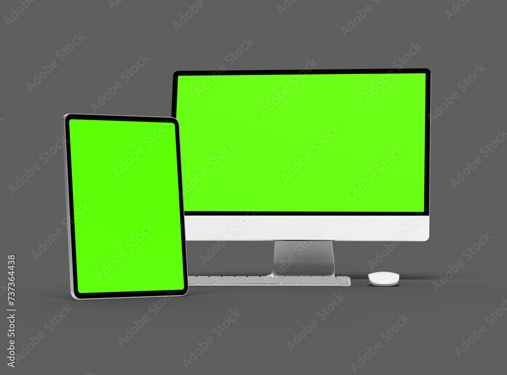 3D Render of desktop and tablet with green screens on a dark background 3D Render of desktop and tablet with green screens on a dark background