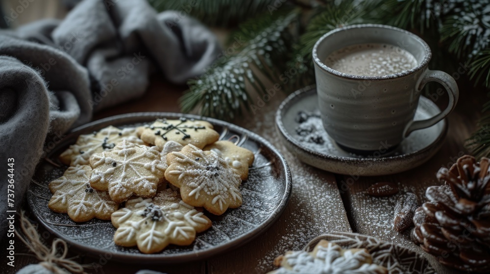 a plate of cookies on a table next to a cup of coffee and a napkin with snow flakes on it. a plate of cookies on a table next to a cup of coffee and a napkin with snow flakes on it.