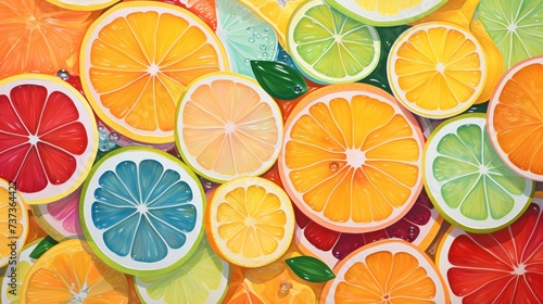 a bunch of cut up oranges and lemons on a table with water droplets on the top of them.