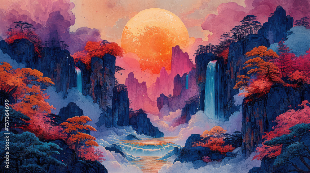 una pintura de paisaje de fantasía gouache limpia con mucha textura y colores llamativos