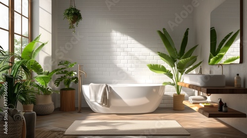 Summer Nordic Style Interior - Summer Nordic Bath Room Backdrop - Beautiful Bright Bath Room Indoor Background - Summer Nordic Bath Design created with Generative AI Technology