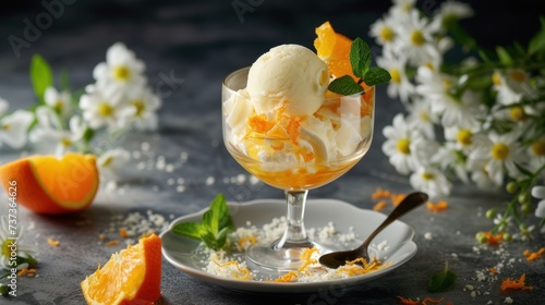 an ice cream sundae with orange slices on a plate with flowers background and a spoon foreground.