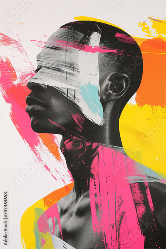 Portrait of young black man in profile in screen printing style with vibrant colors brush strokes