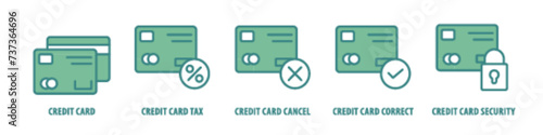 Credit Card Security, Credit Card Correct, Credit Card Cancel, Credit Card Tax, Credit Card editable stroke outline icons set isolated on white background flat vector illustration.