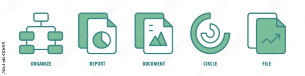 File, Circle, Document, Report, Organize editable stroke outline icons set isolated on white background flat vector illustration. File, Circle, Document, Report, Organize editable stroke outline icons set isolated on white background flat vector illustration.