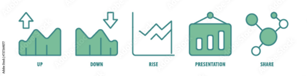 Share, Presentation, Rise, Down, Up editable stroke outline icons set isolated on white background flat vector illustration. Share, Presentation, Rise, Down, Up editable stroke outline icons set isolated on white background flat vector illustration.