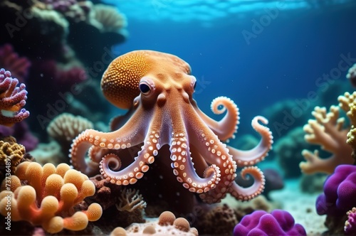 Octopus underwater in the ocean, sea in a coral reef