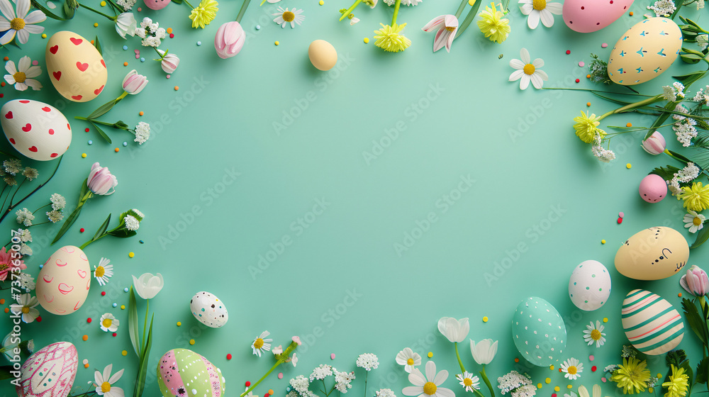 easter background with eggs and flowers  with copy space area 