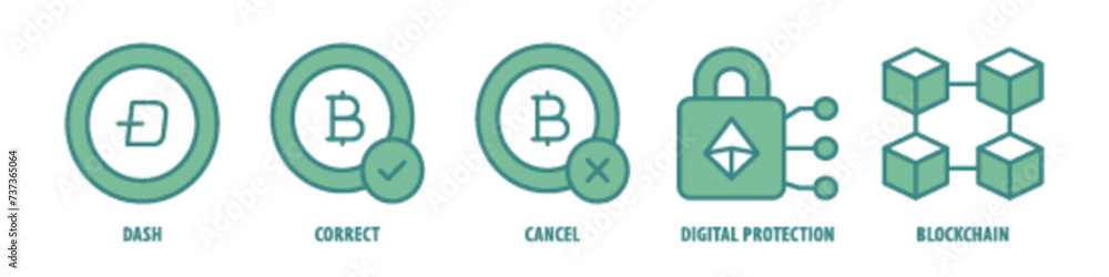 Blockchain, Digital Protection, Cancel, Correct, Dash editable stroke outline icons set isolated on white background flat vector illustration. Blockchain, Digital Protection, Cancel, Correct, Dash editable stroke outline icons set isolated on white background flat vector illustration.
