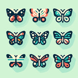 Set of butterflies of different colors and shapes. Beautiful flying insects. Vector illustration in cartoon flat style.