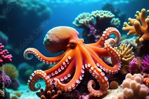 Red octopus in the middle of a colorful coral reef