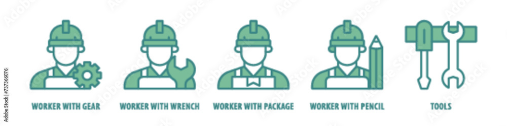 Tools, Worker with pencil, Worker with package, Worker with wrench, Worker with gear editable stroke outline icons set isolated on white background flat vector illustration. Tools, Worker with pencil, Worker with package, Worker with wrench, Worker with gear editable stroke outline icons set isolated on white background flat vector illustration.