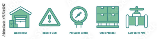 Gate valve, Pipe, Stack Package, Pressure meter, Danger Sign, Warehouse editable stroke outline icons set isolated on white background flat vector illustration.