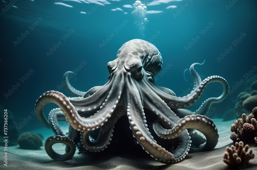 Fototapeta premium Big and scary octopus underwater in the ocean, sea.