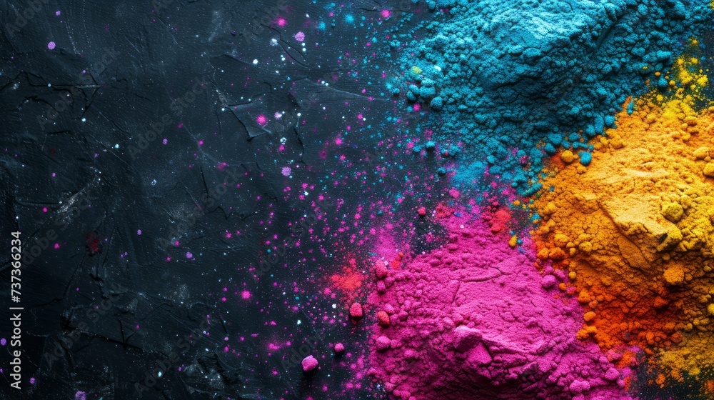 Fototapeta premium Colored scattering of multi-colored powder on a dark background. Holi celebration concept in India