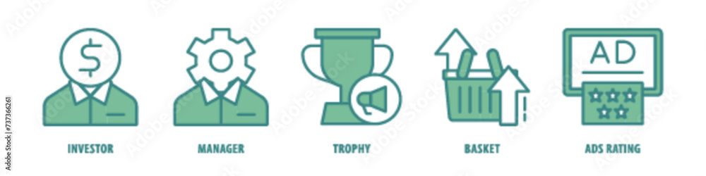 Ads Rating, Basket, Trophy, Manager, Investor editable stroke outline icons set isolated on white background flat vector illustration. Ads Rating, Basket, Trophy, Manager, Investor editable stroke outline icons set isolated on white background flat vector illustration.