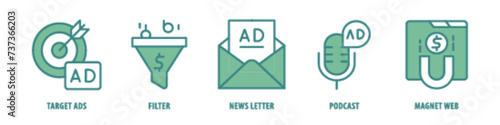 Magnet, Web, Podcast, Newsletter, Filter, Target Ads editable stroke outline icons set isolated on white background flat vector illustration.