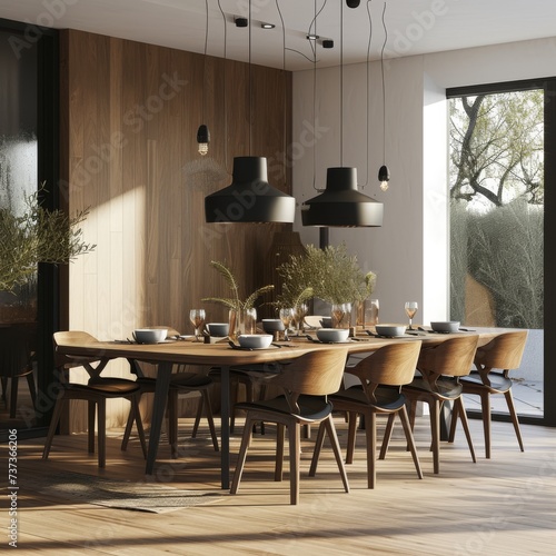 Summer Nordic Style Interior - Summer Nordic Dining Room Backdrop - Beautiful Bright Dining Room Indoor Background - Summer Nordic Dining Room Design created with Generative AI Technology