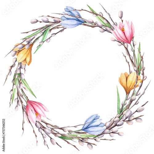 A wreath of spring willow branches with young fluffy buds and flowers. Hand drawn isolated watercolor illustration of tree branches for Easter design, invitations, greeting cards, packaging