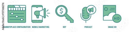 Image HD, Podcast, Key, Mobile marketing, Marketplace configuration editable stroke outline icons set isolated on white background flat vector illustration.