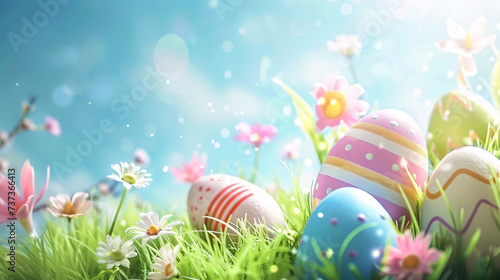 easter eggs on blue background with copy space area 